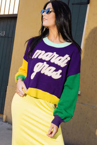 Colorblock Patchwork Fuzzy Mardi Gras Graphic Sweater - KaleaBoutique.com