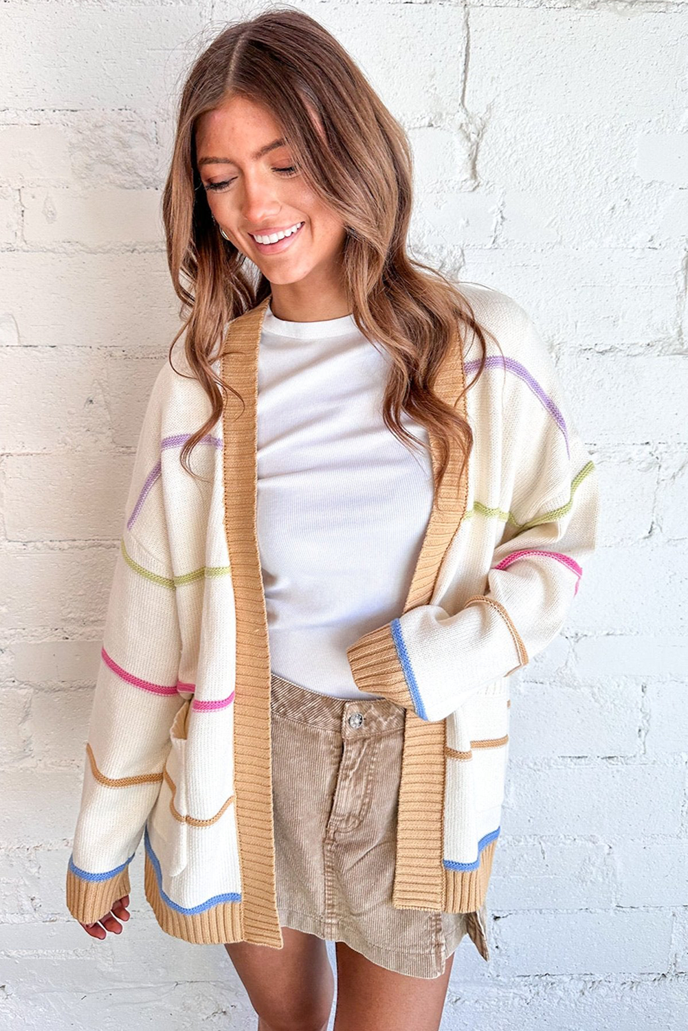 KaleaBoutique Stylish Color Block Striped Open Front Cardigan With Pocket - KaleaBoutique.com