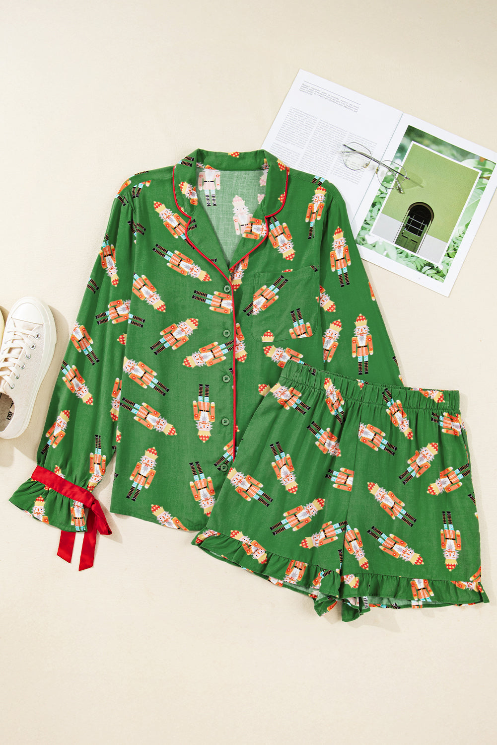 KaleaBoutique Stylish Christmas Candy Contrast Trim Bow Knot Silky 2pcs Pajama Set - KaleaBoutique.com