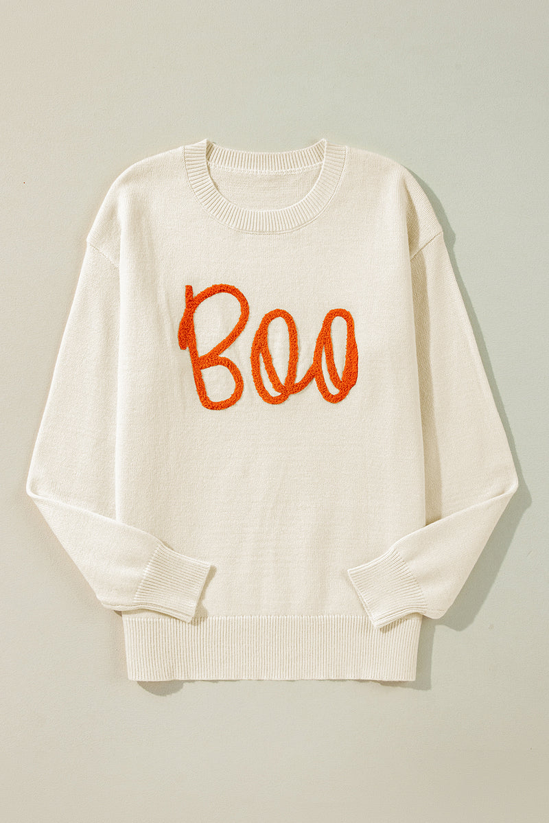 KaleaBoutique Boo Knitted Pattern Ribbed Edge Drop Shoulder Sweater - KaleaBoutique.com