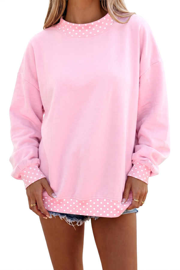 KaleaBoutique Comfortable Colorblock Polka Dot Contrast Trim Oversized Sweatshirt - KaleaBoutique.com