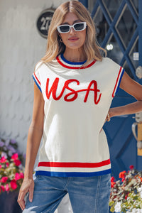 KaleaBoutique Stylish USA Contrast Striped Trim Round Neck Short Sleeve Sweater - KaleaBoutique.com