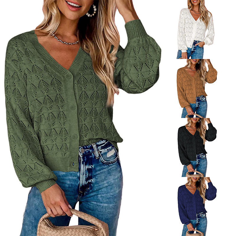Women's Openwork V-Neck Button-Front Balloon-Sleeve Cardigan - KaleaBoutique.com