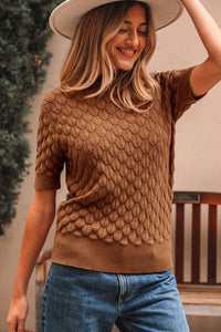 KaleaBoutique Comfortable Fish Scale Textured Knit Ribbed Crew Neck Short Sleeve Sweater - KaleaBoutique.com