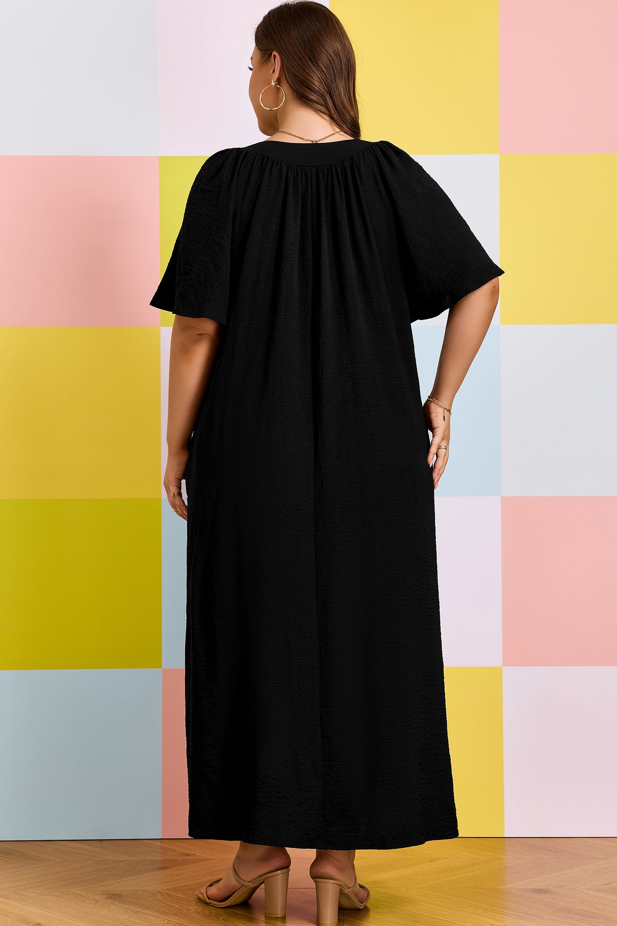 Black Plus Size Notched-Neck Short Sleeve Relaxed Dress - KaleaBoutique.com