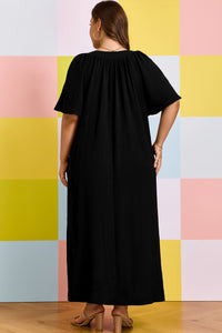 Black Plus Size Notched-Neck Short Sleeve Relaxed Dress - KaleaBoutique.com