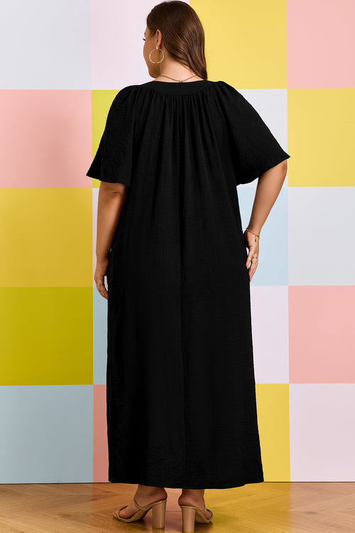 Black Plus Size Notched-Neck Short Sleeve Relaxed Dress - KaleaBoutique.com