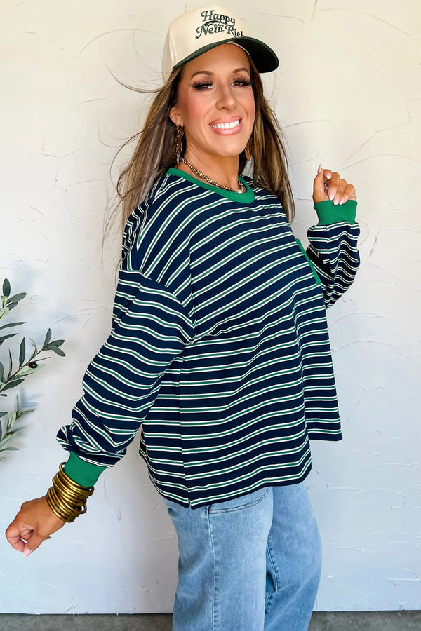 KaleaBoutique Ribbed Color Block Patchwork Crew Neck Patch Pocket Long Sleeve Top - KaleaBoutique.com