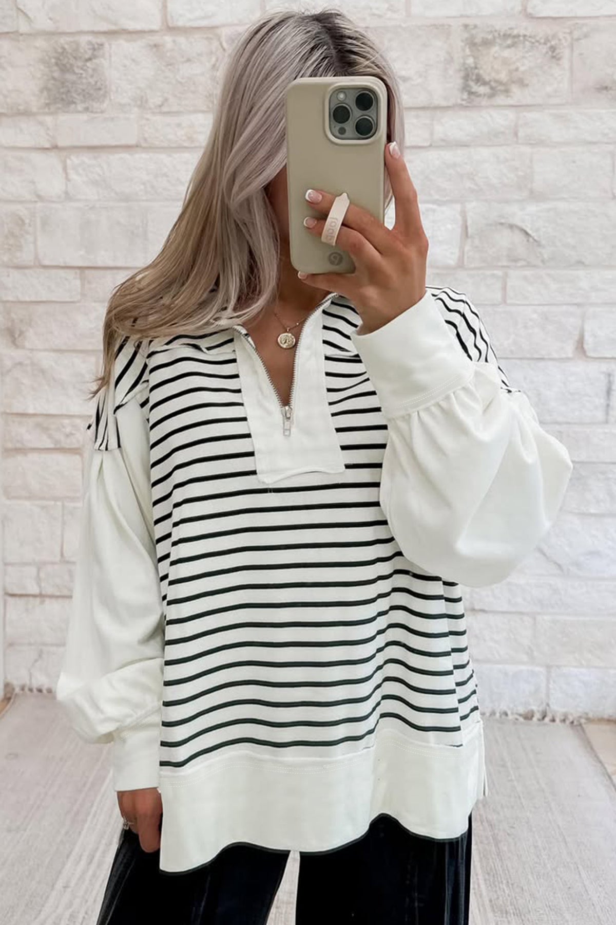 KaleaBoutique Comfortable Color Block Long Puff Sleeve Metal Zip-Up Collar Top - KaleaBoutique.com