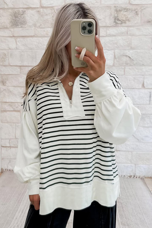 KaleaBoutique Comfortable Color Block Long Puff Sleeve Metal Zip-Up Collar Top - KaleaBoutique.com