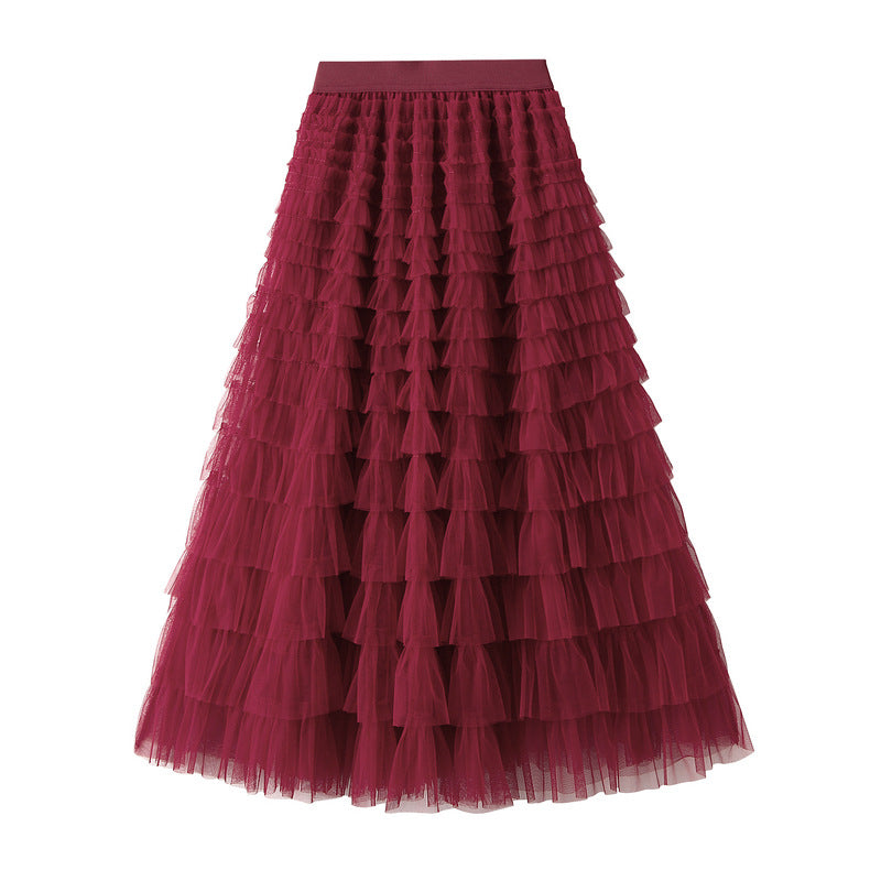 A-Line Mesh Ruffle Skirt Women's Temperament Sweet Long Skirt Slim Cupcake Dress Womens Clothing - KaleaBoutique.com
