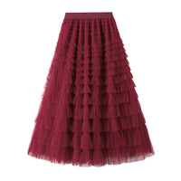 A-Line Mesh Ruffle Skirt Women's Temperament Sweet Long Skirt Slim Cupcake Dress Womens Clothing - KaleaBoutique.com