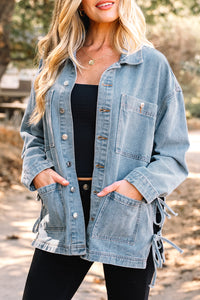 Multi Patched Pockets Side Tie up Boyfriend Style Denim Jacket - KaleaBoutique.com