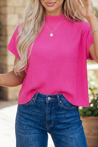 KaleaBoutique Comfortable Solid Color Ribbed Knit Mock Neck Loose Short Sleeve Sweater - KaleaBoutique.com