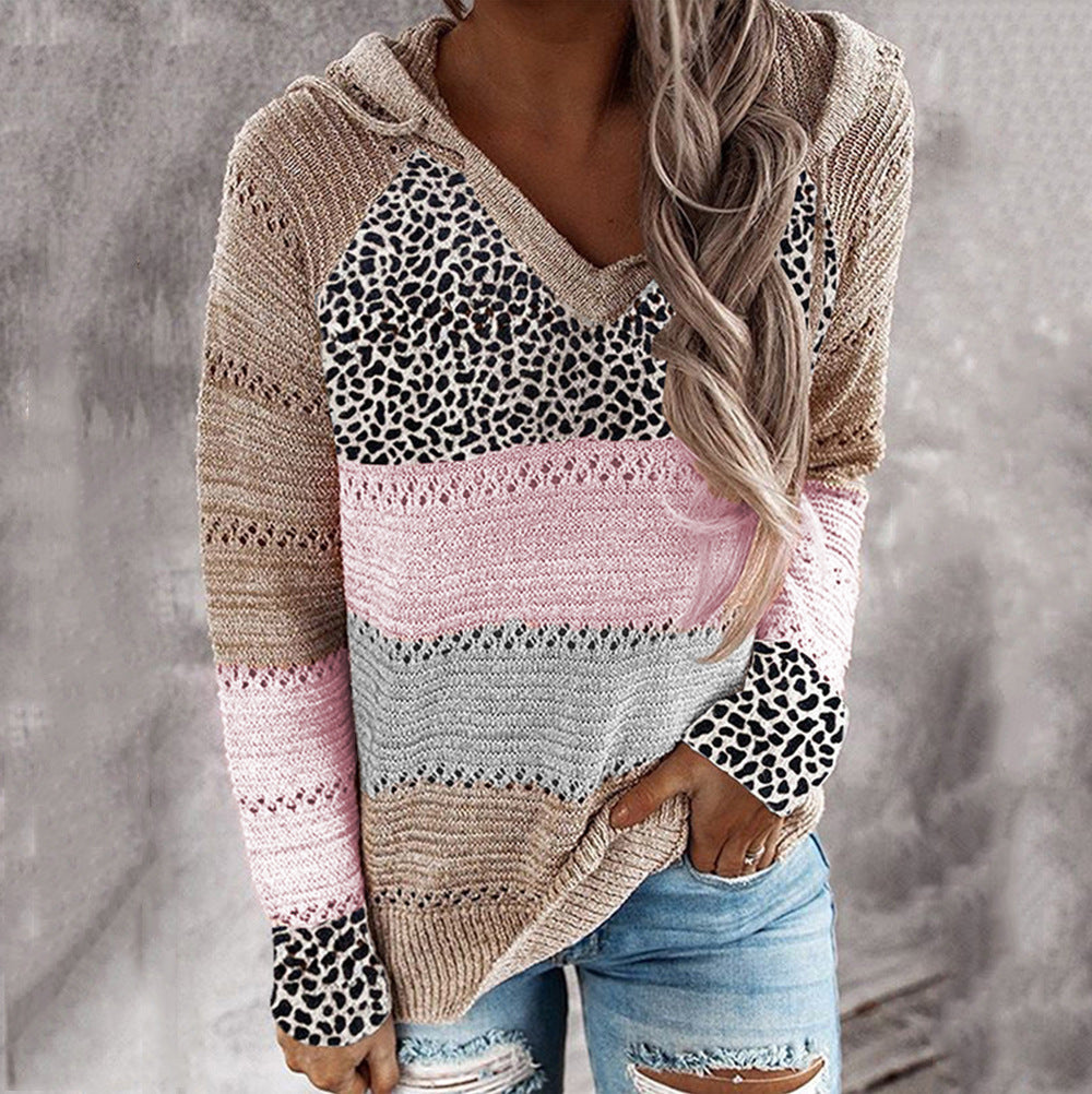 Women's Striped Loose V-neck Hooded Long-sleeve Sweater - KaleaBoutique.com