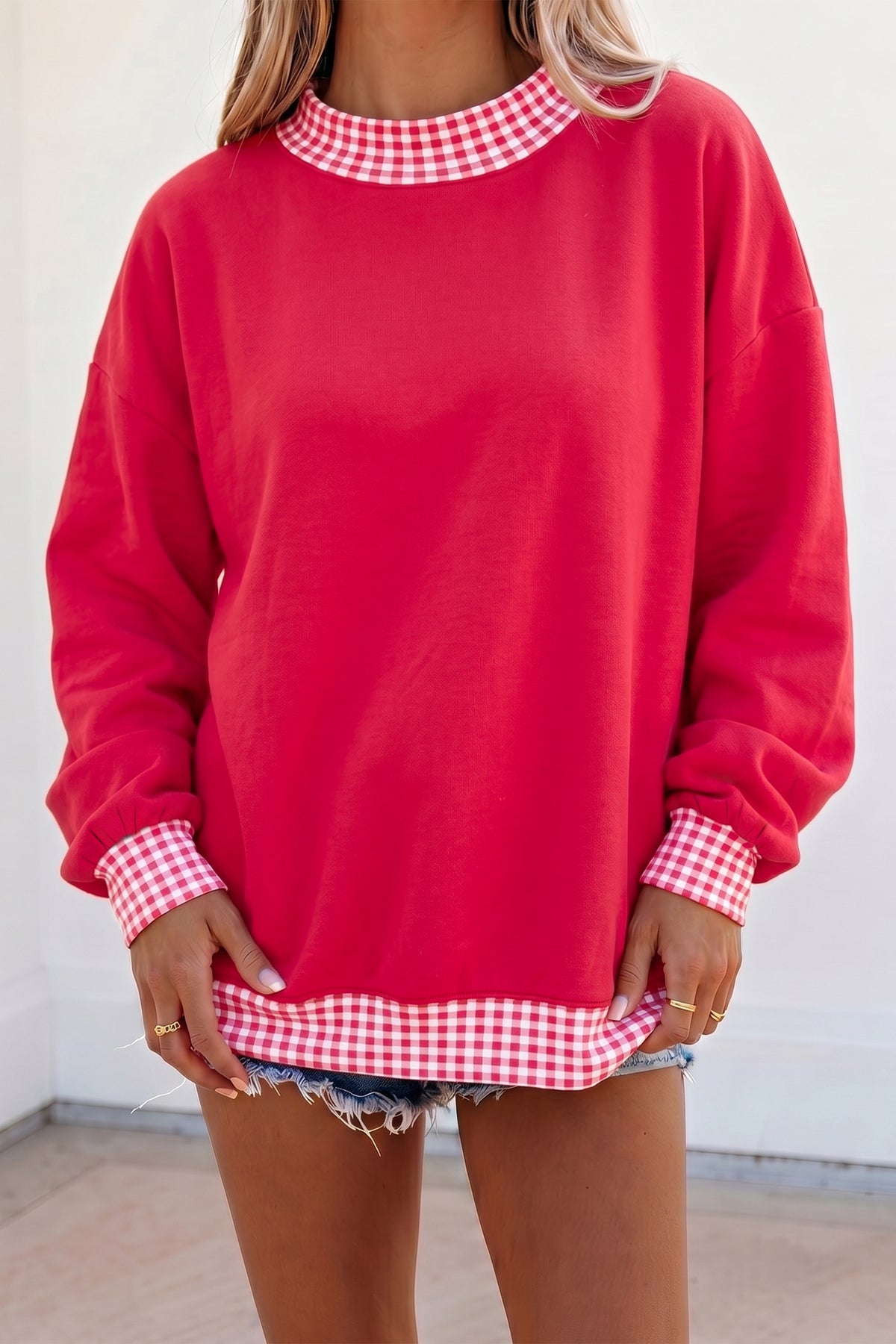 KaleaBoutique Comfortable Red Colorblock Plaid Contrast Trim Oversized Sweatshirt - KaleaBoutique.com