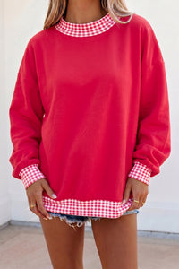 KaleaBoutique Comfortable Red Colorblock Plaid Contrast Trim Oversized Sweatshirt - KaleaBoutique.com