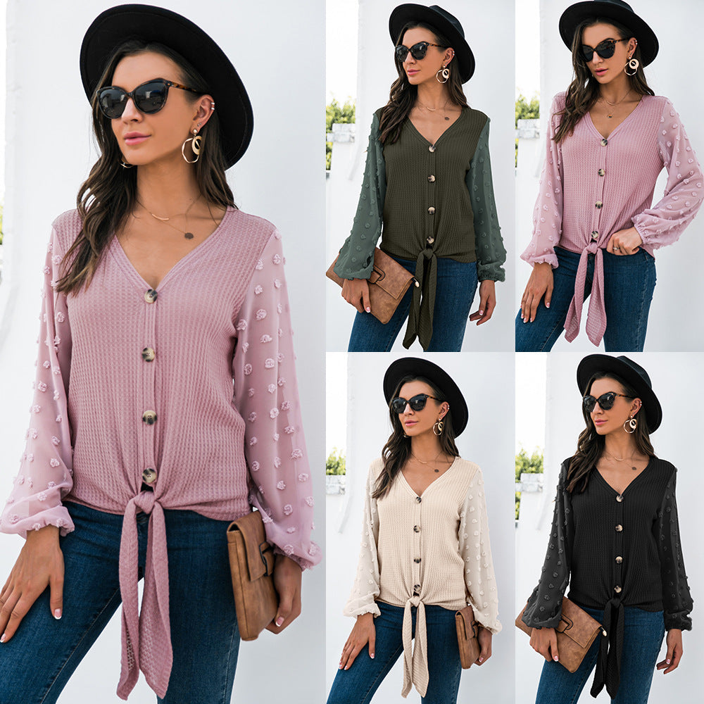 Women's V-Neck Tie-Front Top with Sheer Dotted Sleeves - KaleaBoutique.com