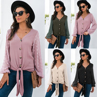 Women's V-Neck Tie-Front Top with Sheer Dotted Sleeves - KaleaBoutique.com