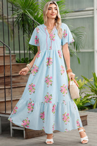 KaleaBoutique Comfortable Notched Neck Flutter Short Sleeve Floral Print Maxi Dress - KaleaBoutique.com