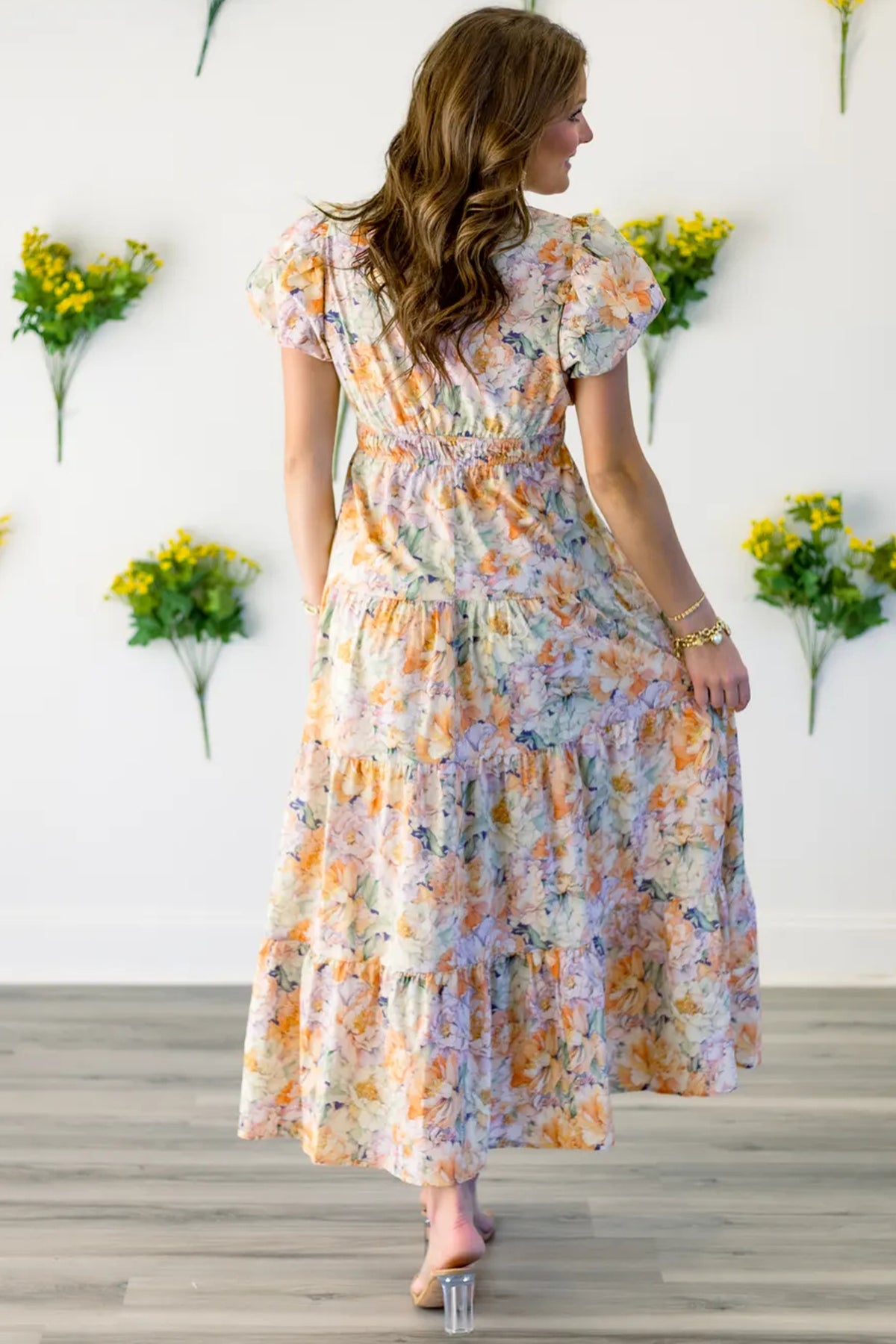KaleaBoutique Comfortable Floral Bubble Sleeve V Neck Flared Maxi Dress - KaleaBoutique.com
