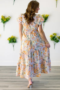 KaleaBoutique Comfortable Floral Bubble Sleeve V Neck Flared Maxi Dress - KaleaBoutique.com