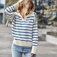 Women's Striped V-Neck Collared Pullover Sweater - KaleaBoutique.com