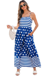 KaleaBoutique Stylish Striped Polka Dot Patchwork High Waist Spaghetti Straps Maxi Dress - KaleaBoutique.com