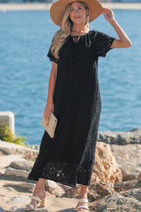 KaleaBoutique Comfortable Floral Lace Overlay Tassel Tie Short Sleeve Beach Vacation Loose Maxi Dress - KaleaBoutique.com