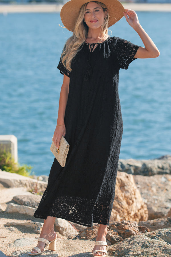 KaleaBoutique Comfortable Floral Lace Overlay Tassel Tie Short Sleeve Beach Vacation Loose Maxi Dress - KaleaBoutique.com