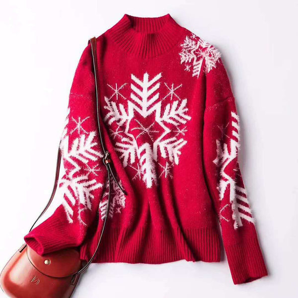 Women's Large Snowflake Mock-Neck Christmas Pullover Sweater - KaleaBoutique.com