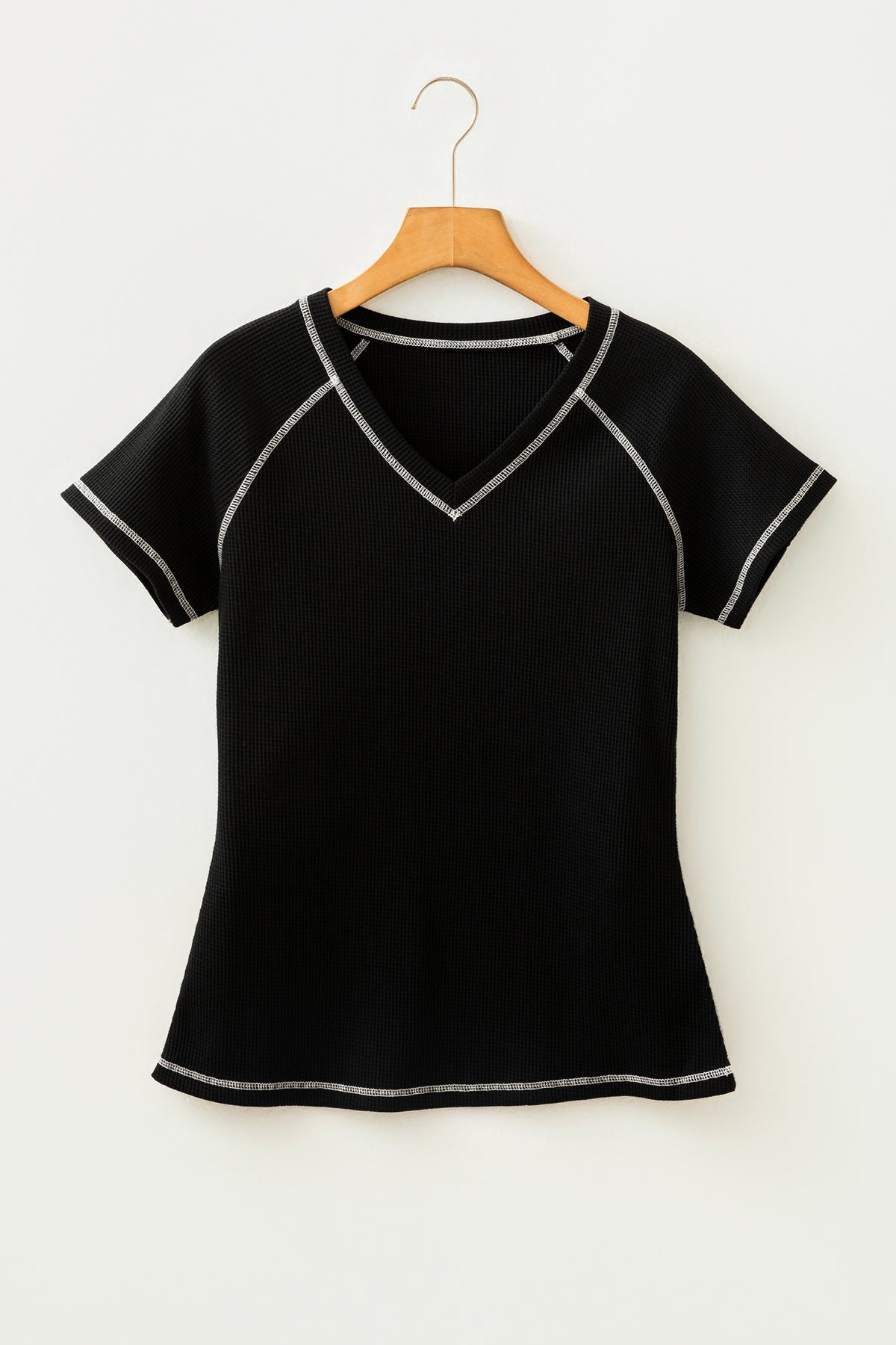 KaleaBoutique Black Waffle Textured Contrast Trim V Neck Tee - KaleaBoutique.com