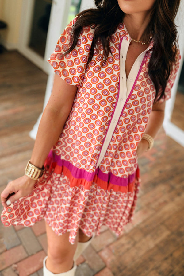 KaleaBoutique Stylish Geometric Floral Print Color Block Trim Button Front Ruffle Hem Dress - KaleaBoutique.com