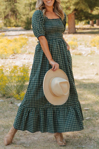 KaleaBoutique Comfortable Plaid Square Neck Shirred High Waist Ruffle Hem Dress - KaleaBoutique.com
