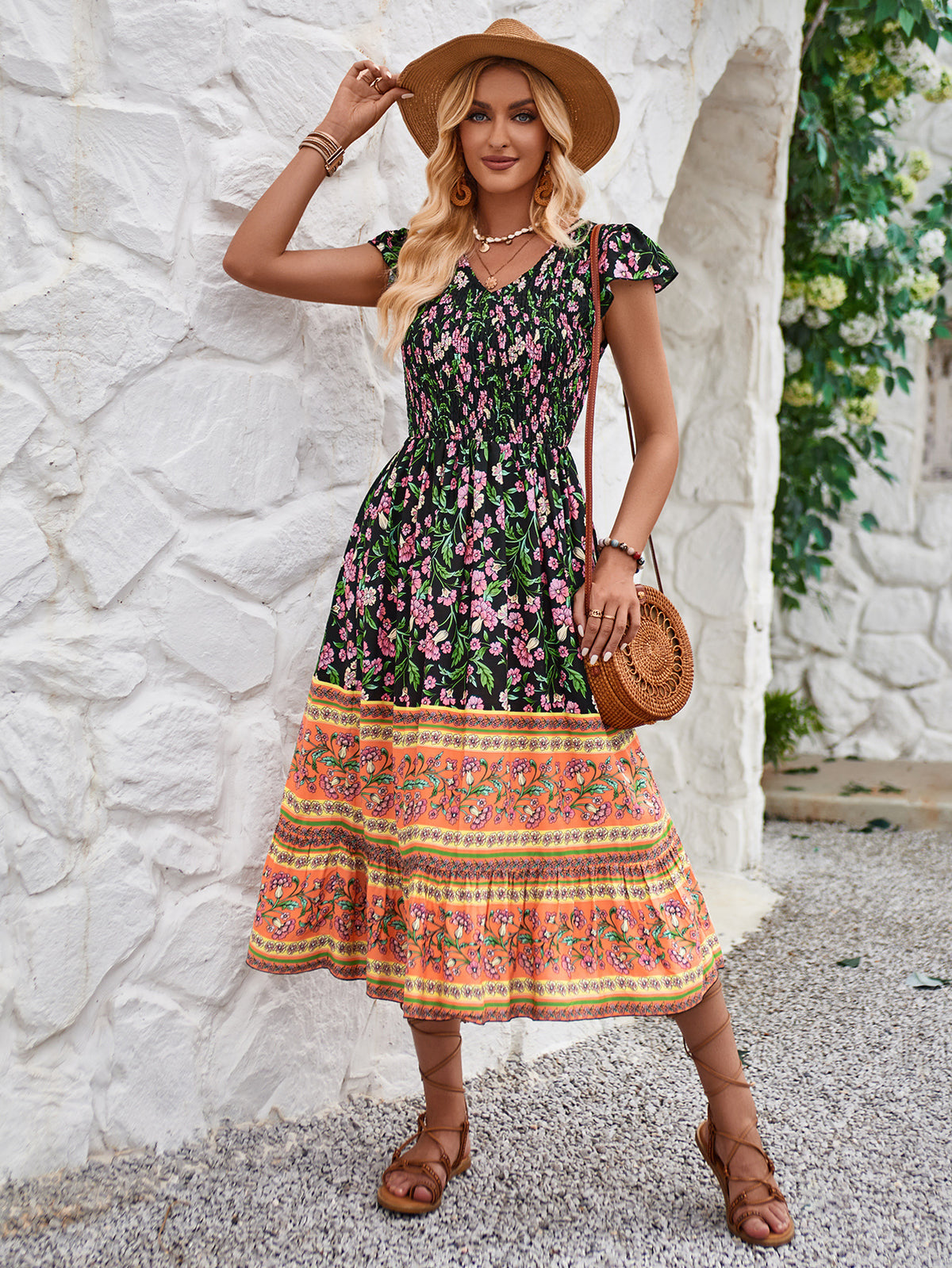 New Flowers Print V-neck Dress Summer Casual Ruffle Sleeveless Dresses Bohemian Holiday Beach Dress For Womens Clothing - KaleaBoutique.com
