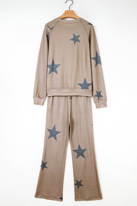 KaleaBoutique Stylish Retro Star Print Loose Long Sleeve Drawstring Wide Leg 2pcs Lounge Set - KaleaBoutique.com