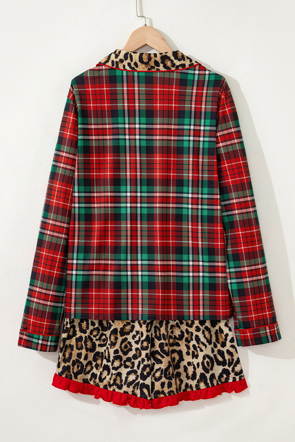 KaleaBoutique Stylish Retro Plaid Leopard Print Patchwork Long Sleeve Shorts Pajama Set - KaleaBoutique.com