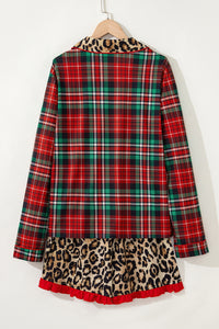 KaleaBoutique Stylish Retro Plaid Leopard Print Patchwork Long Sleeve Shorts Pajama Set - KaleaBoutique.com