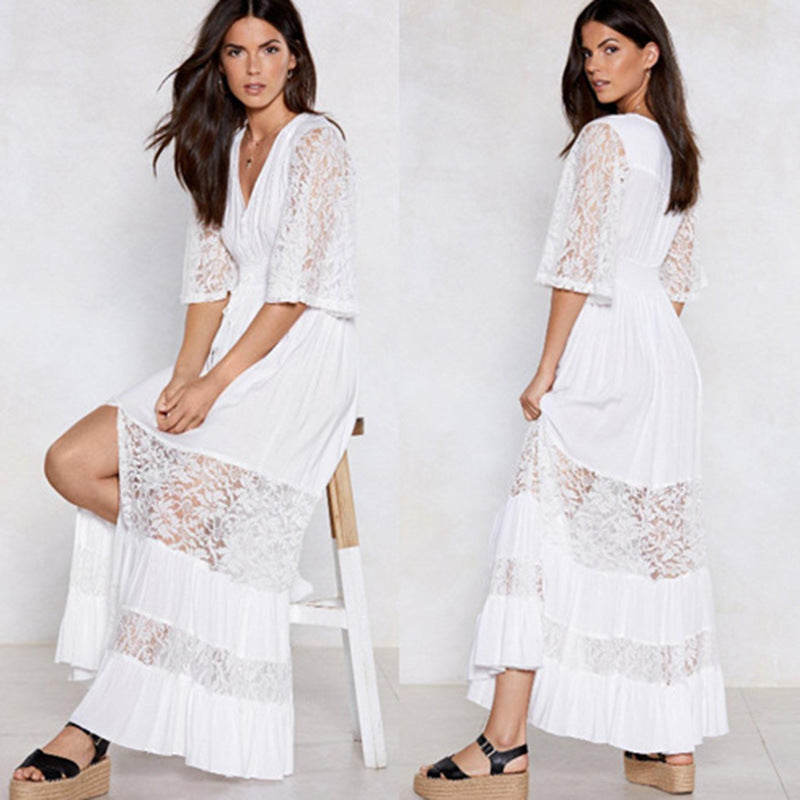 Ladies Cotton And Lace V-neck Beach Dress - KaleaBoutique.com