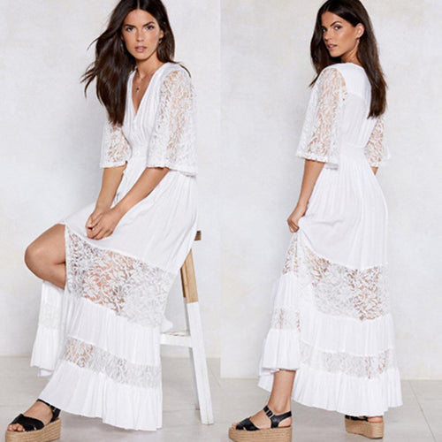 Ladies Cotton And Lace V-neck Beach Dress - KaleaBoutique.com