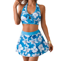 Women's Blue Floral Tie-Front Halter Top and Skirt 2 PC Bikini Set - KaleaBoutique.com