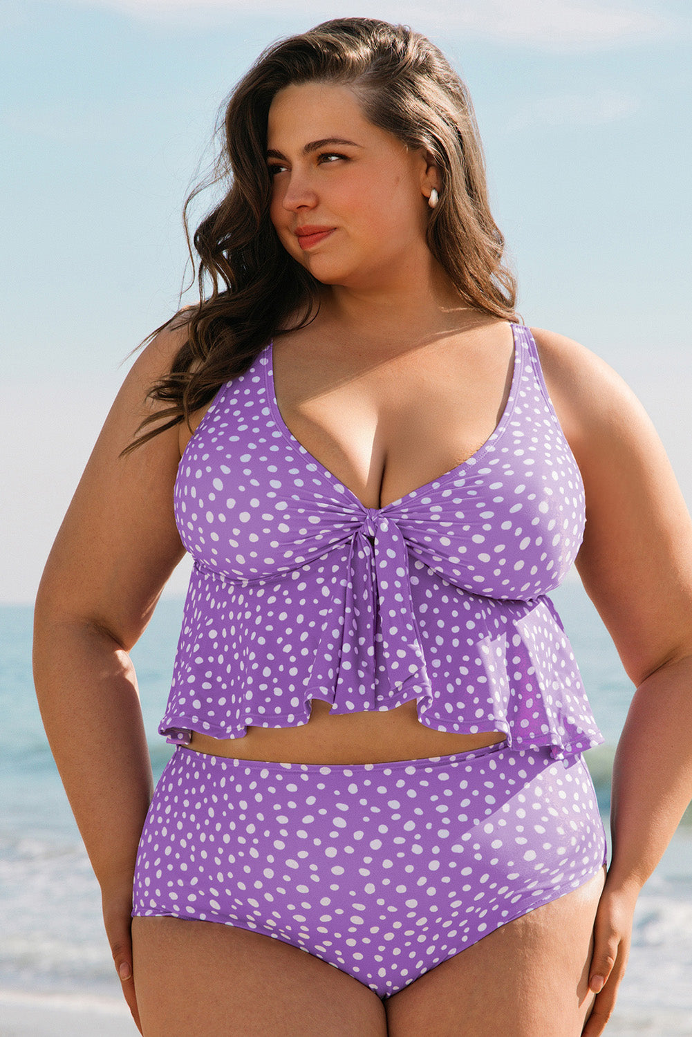 Plus Size Polka Dot Print Ruffled Knotted V Neck Tankini Set - KaleaBoutique.com