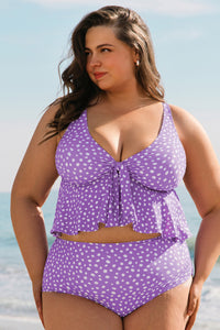 Plus Size Polka Dot Print Ruffled Knotted V Neck Tankini Set - KaleaBoutique.com