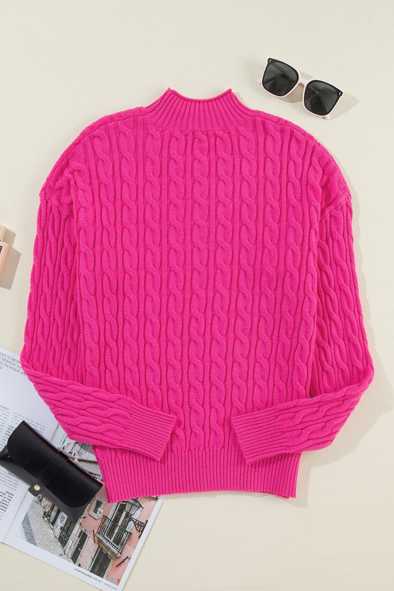 KaleaBoutique Solid Cable Knit High Neck Drop Shoulder Sweater - KaleaBoutique.com