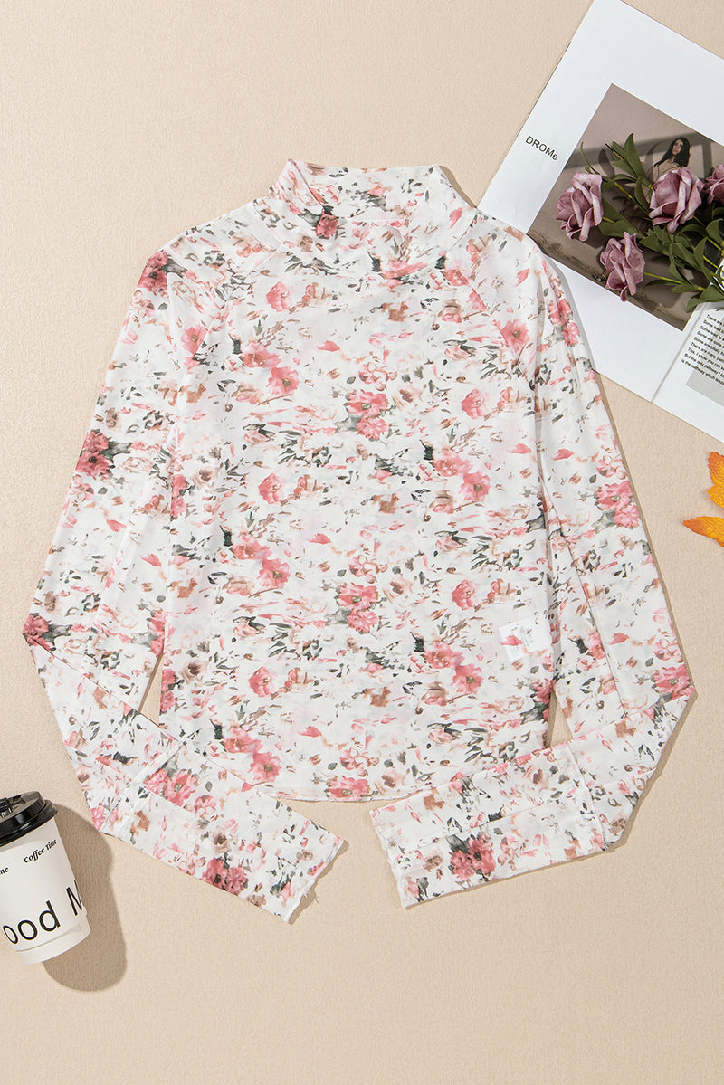 KaleaBoutique Floral Long Sleeve High Neck Sheath Mesh Top - KaleaBoutique.com
