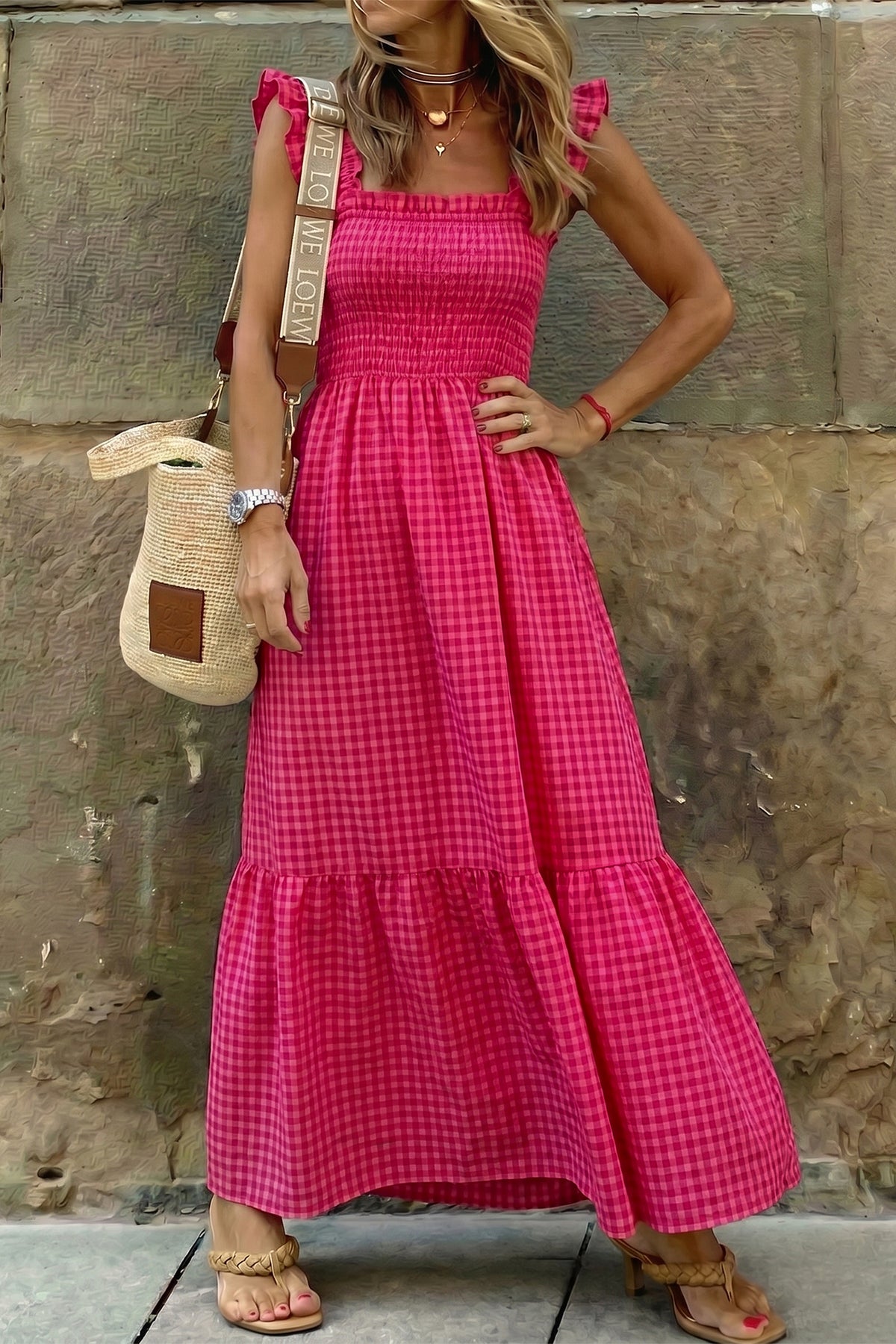 KaleaBoutique Comfortable Plaid Square Neck Fit-and-flared Vacation Sundress - KaleaBoutique.com