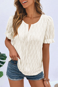 KaleaBoutique Chic Solid Color Textured Notched Neck Puff Sleeve Blouse - KaleaBoutique.com