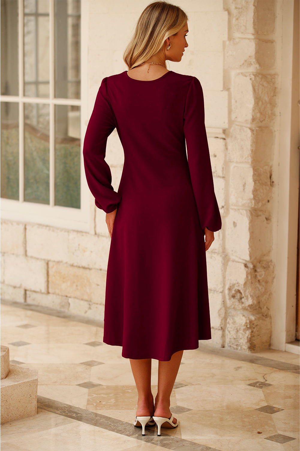 Solid Color Ruched Detail Long Sleeve Midi Dress - KaleaBoutique.com