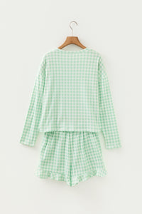 KaleaBoutique Stylish Gingham Long Sleeve Loose Top Drawstring Shorts 2pcs Lounge Set - KaleaBoutique.com