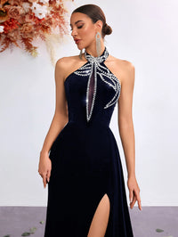 Velvet Halter Neck Beaded Mermaid Evening Gown With High Slit - KaleaBoutique.com